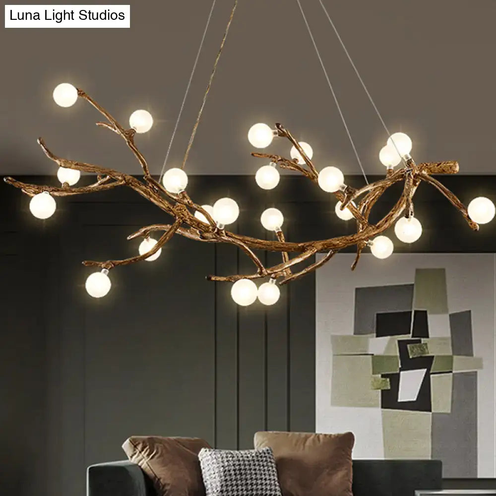 Decorbites modern metal tree branch island lighting fixture with art deco wood suspension and white acrylic bulbs