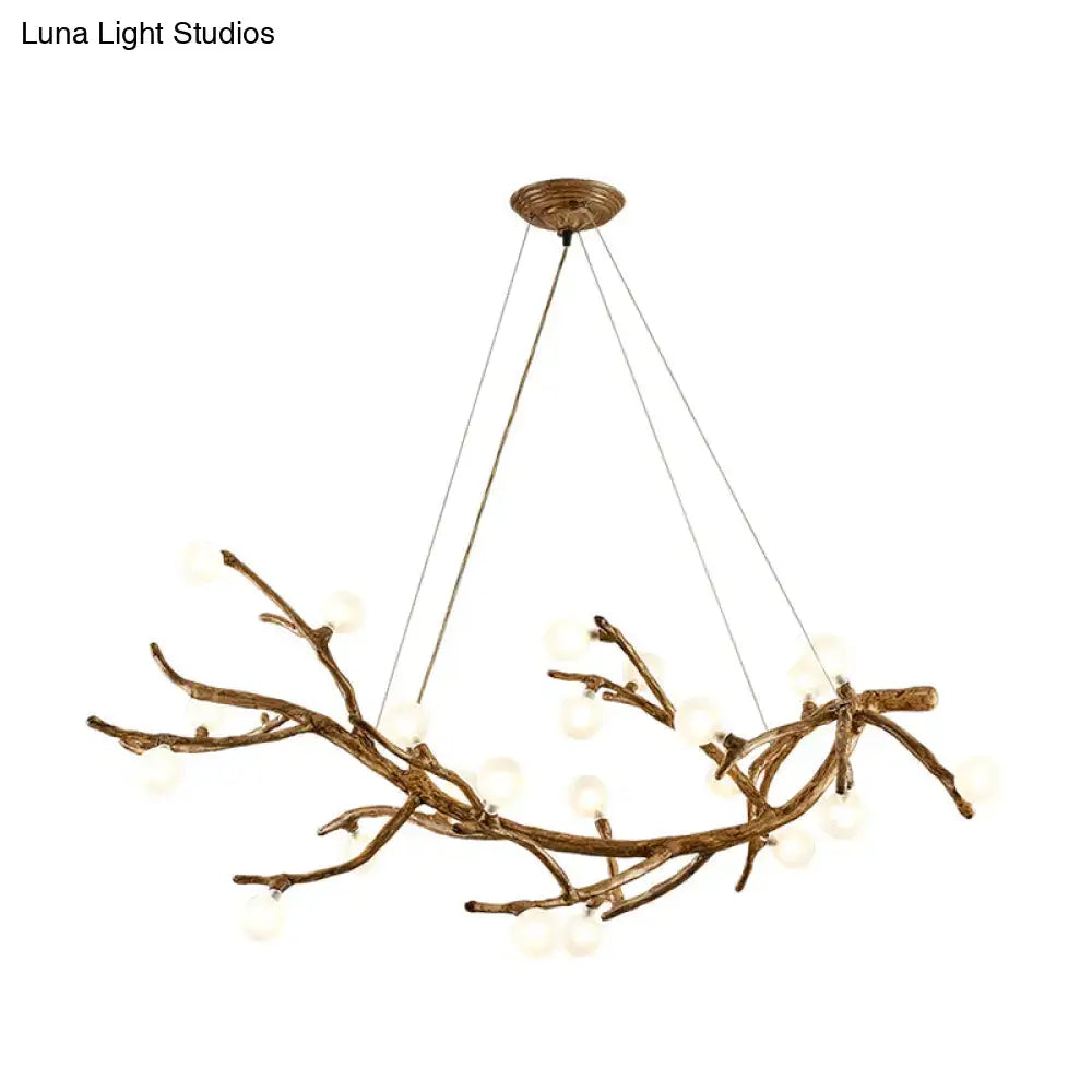 Bronze metal tree branch chandelier with frosted glass globes and art deco wood suspension for island lighting