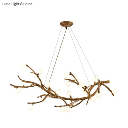 Bronze metal tree branch chandelier with frosted glass globes and art deco wood suspension for island lighting