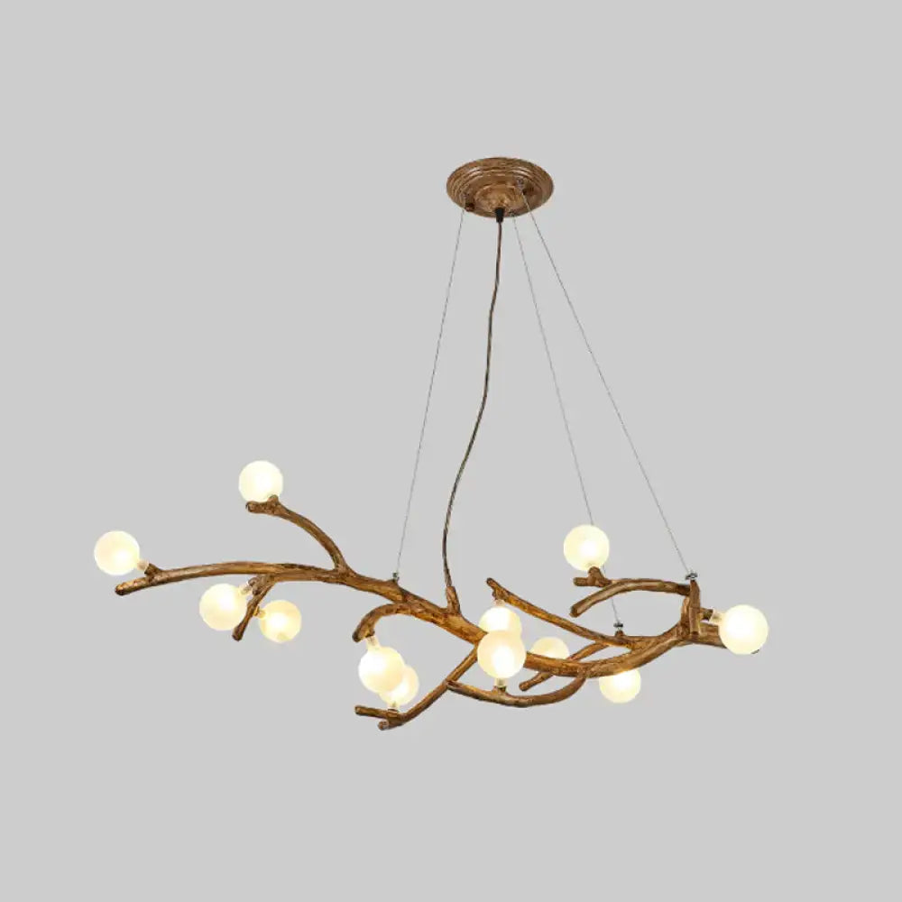 Bronze metal tree branch chandelier with frosted globe bulbs and art deco wood suspension for island lighting