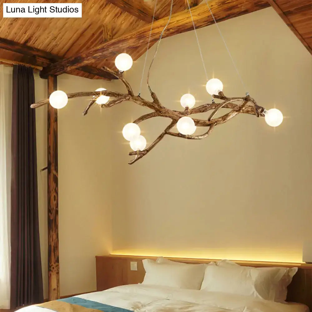 Decorbites™ modern metal tree branch island lighting fixture with art deco wood branch and white acrylic ball bulbs