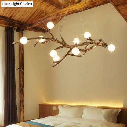 Decorbites™ modern metal tree branch island lighting fixture with art deco wood branch and white acrylic ball bulbs