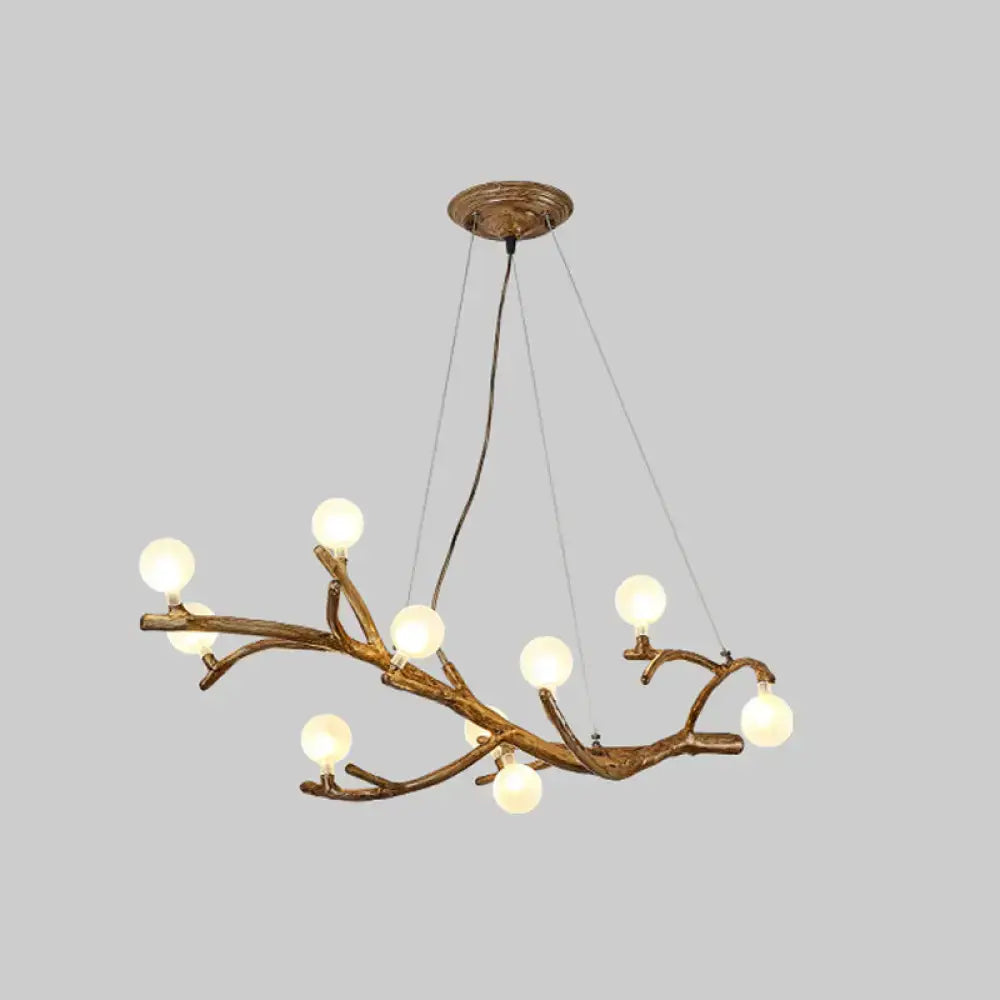 Bronze metal tree branch chandelier with art deco wood suspension and acrylic ball shades for tree branch island lighting