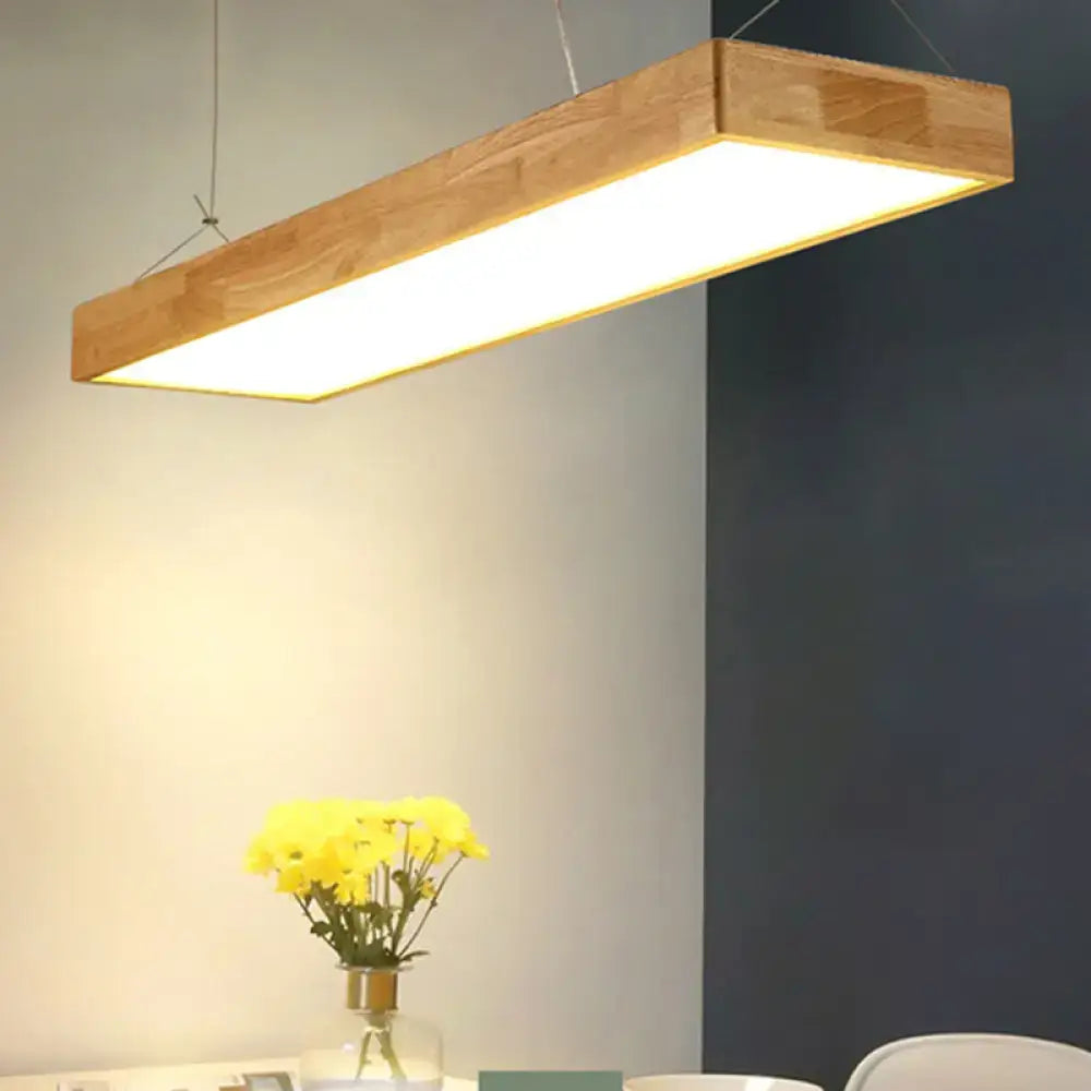 DecorBites modern minimalist beige wood led island pendant with rectangular frame and warm white led illumination