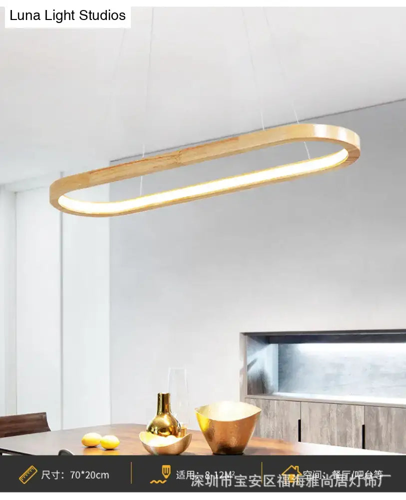 DecorBites modern minimalist wooden LED strip pendant light with warm golden glow crafted from wood and metal for restaurants 110v-120v 220v-240v