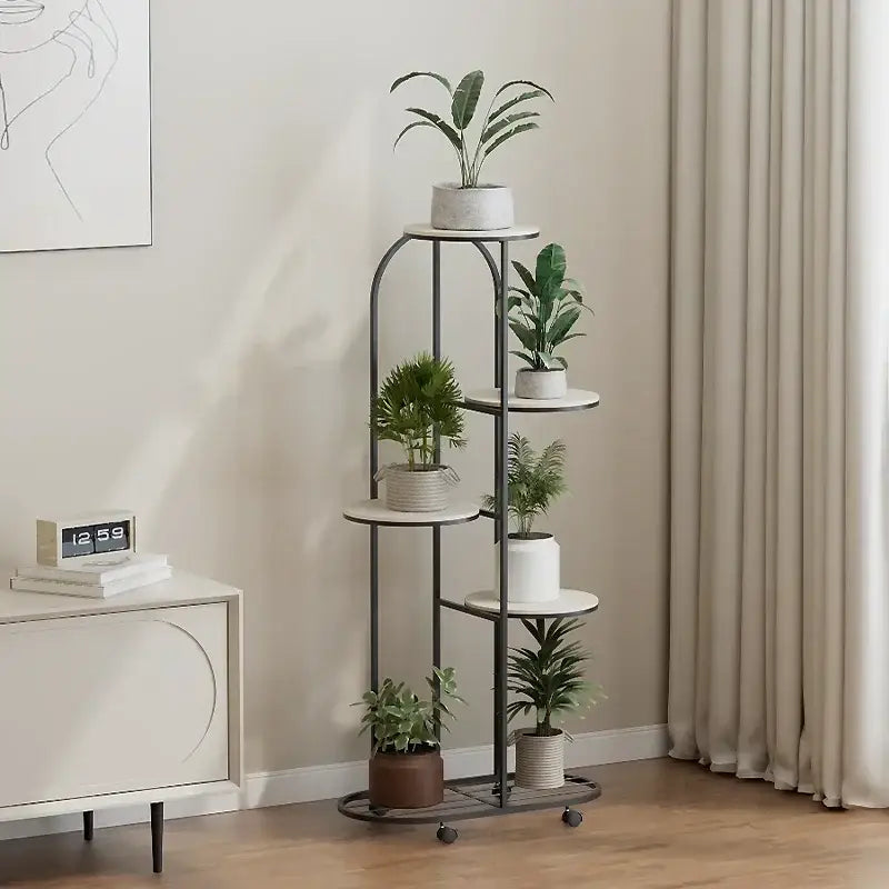 Modern black metal plant stand with five white marble shelves and caster wheels for interior decor flower rack use