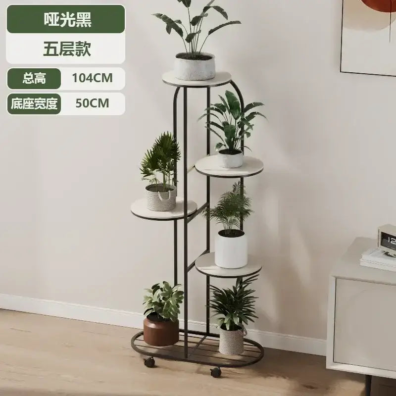 DecorBites™ five-tiered matte black plant stand with white circular shelves and caster wheels for interior decor