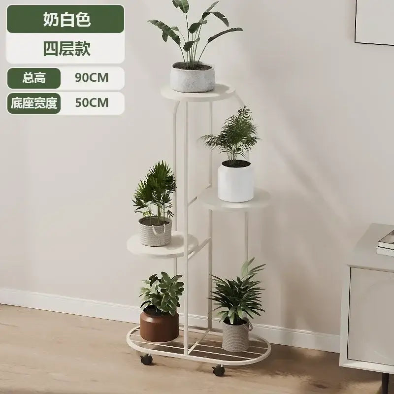 A four-tier cream-colored metal plant stand with wheels by decorbites for stylish interior decor and flower rack use