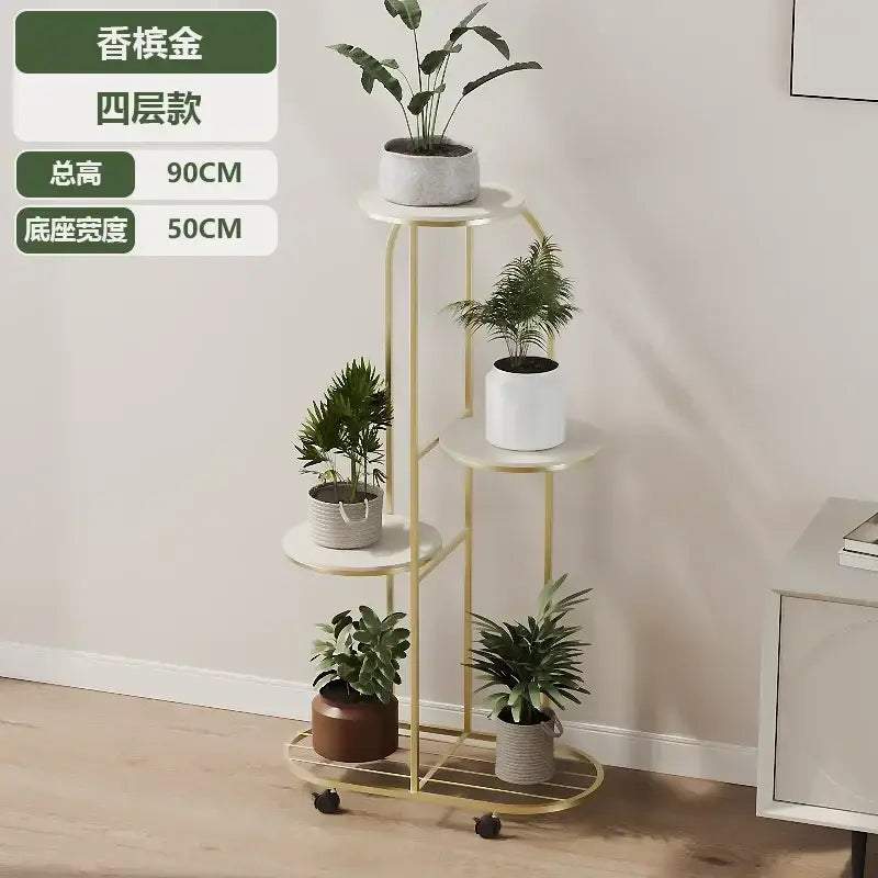 DecorBites™ modern gold-toned four-tier plant stand with white marble-like shelves and black caster wheels for interior decor
