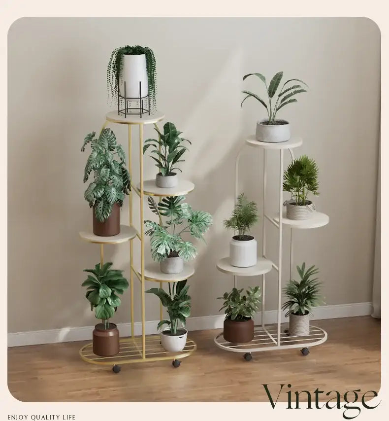 Gold-toned metal multi-storey plant stand with wheels holding colorful ceramic pots for interior decor flower rack