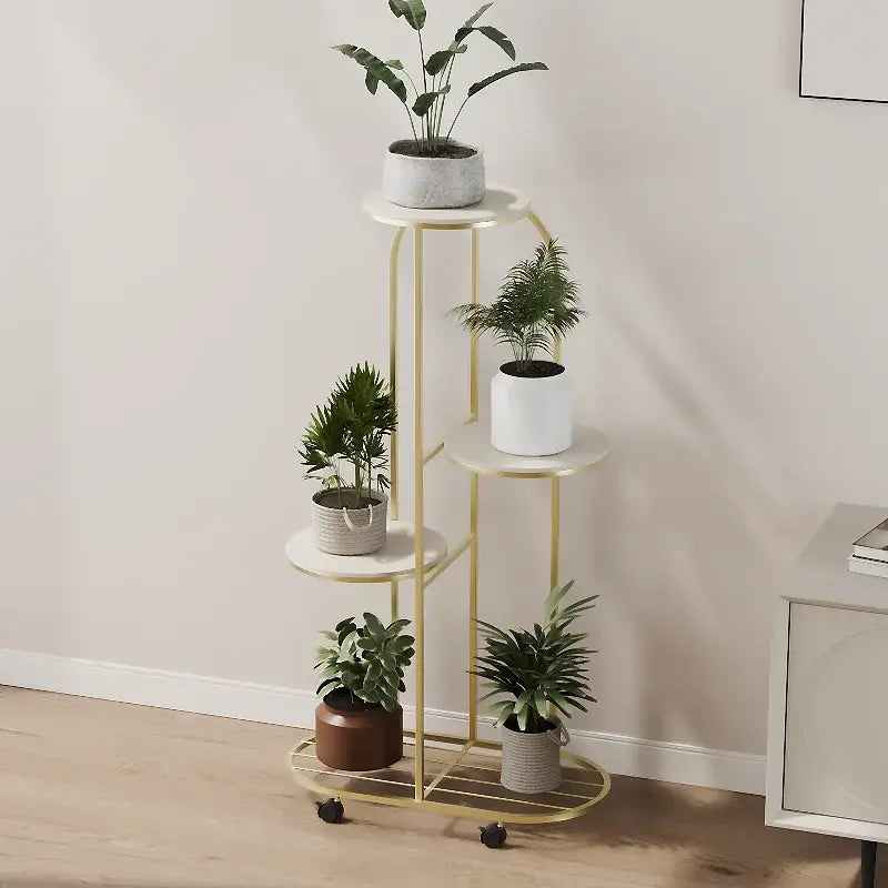 Gold metal DecorBites modern multi-storey plant stand with white marble shelves and black caster wheels for interior decor