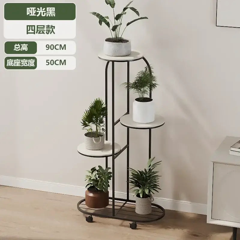 Matte black decorbites modern four-tier plant stand with white shelves and casters for interior decor and flower rack use