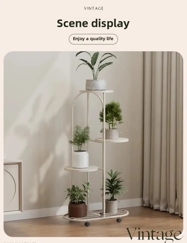 DecorBites™ cream metal plant stand with four tiers and curved arches ideal for modern interior decor flower rack