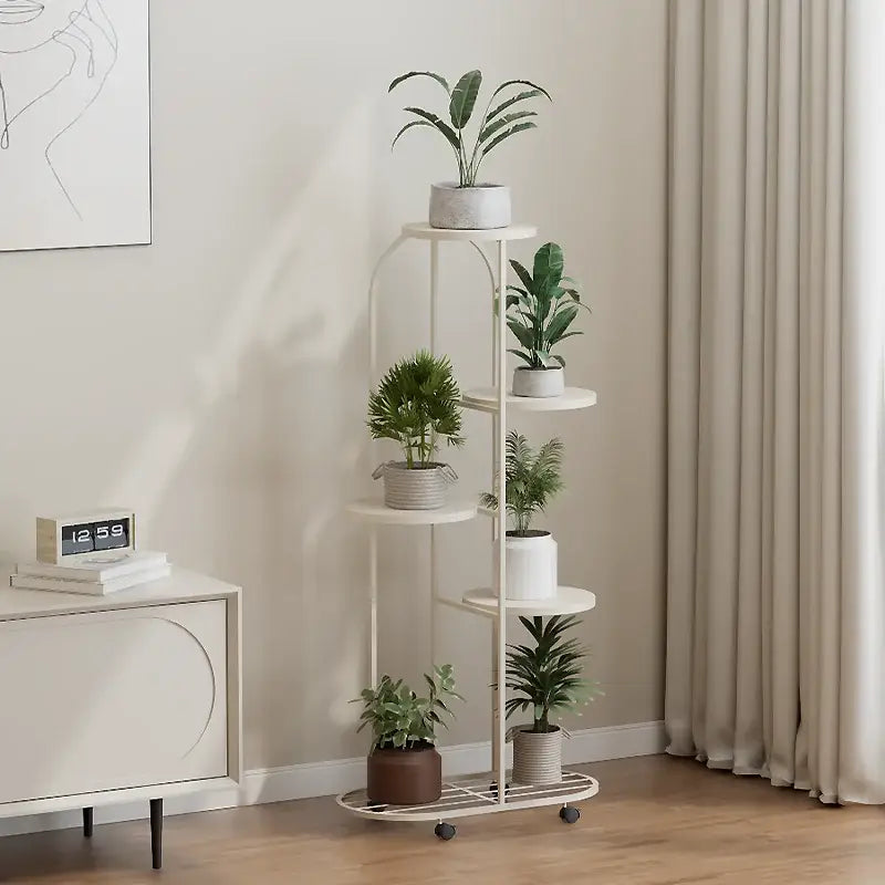 White metal decorbites™ modern multi-storey plant stand with five circular shelves and caster wheels for interior decor