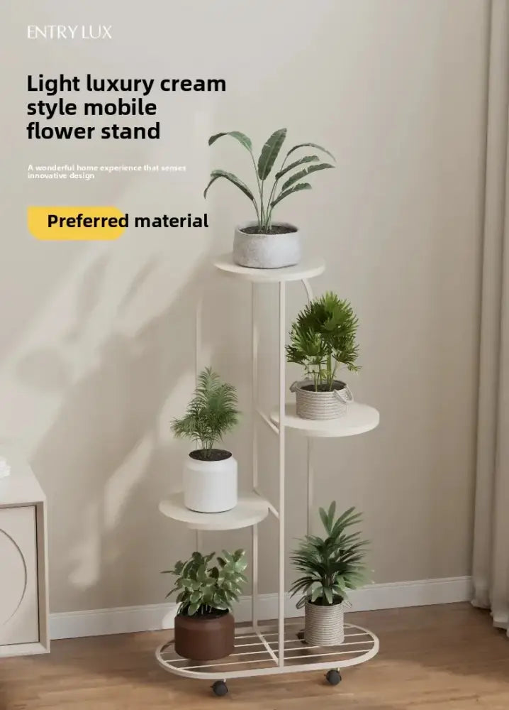 White metal mobile flower rack with five tiered shelves and caster wheels for modern interior decor plant stand