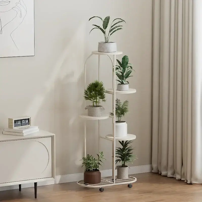 White metal DecorBites™ modern five-tier plant stand with caster wheels for interior decor and flower rack use