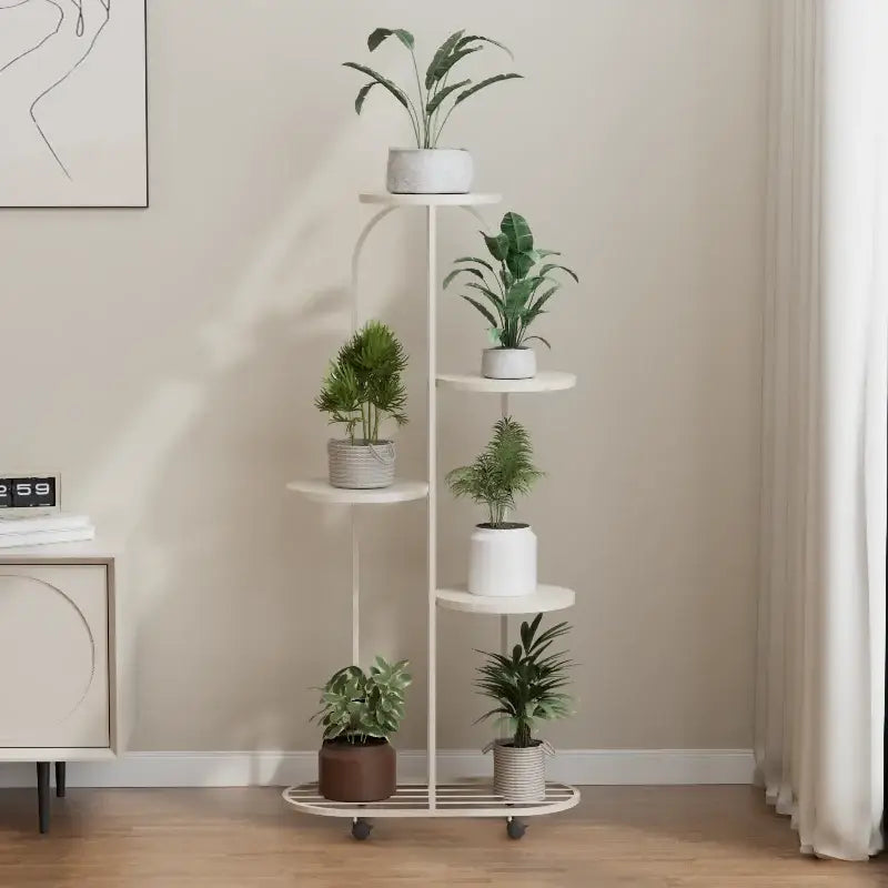 White metal DecorBites™ modern multi-storey plant stand with five tiers and caster wheels for interior decor