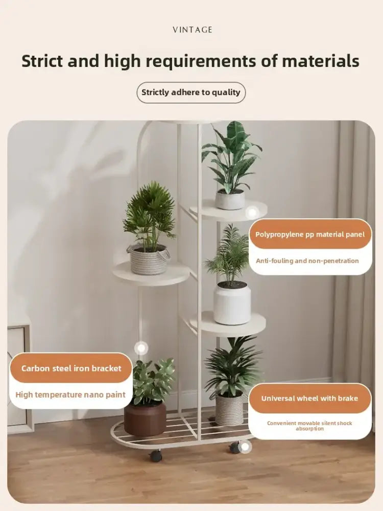 White multi-tiered DecorBites™ plant stand with carbon steel iron bracket and universal wheels for interior decor and flower rack
