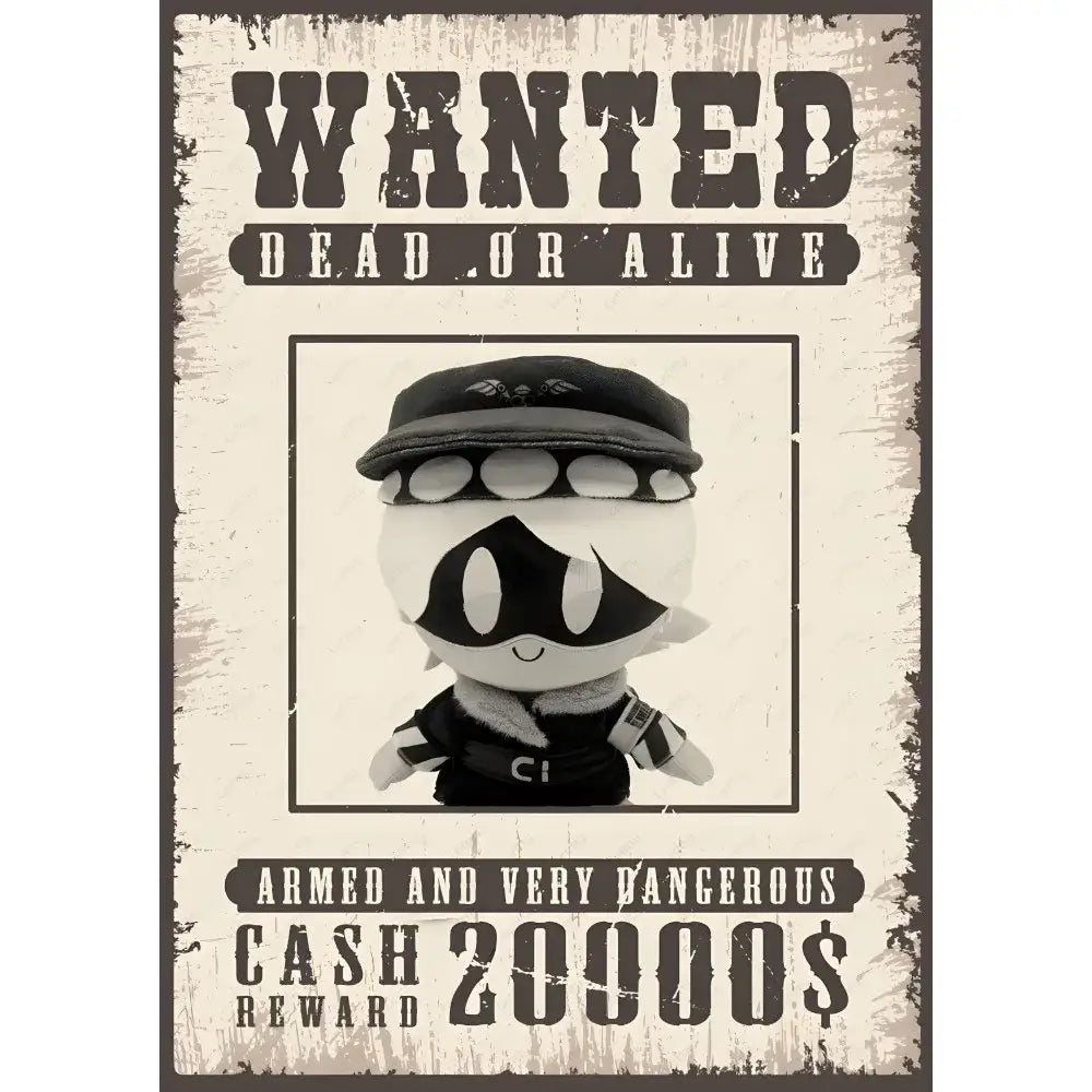 Black and white plush toy dressed as a detective with cap and goggles featured in decorbites™ modern murder drones wall art poster