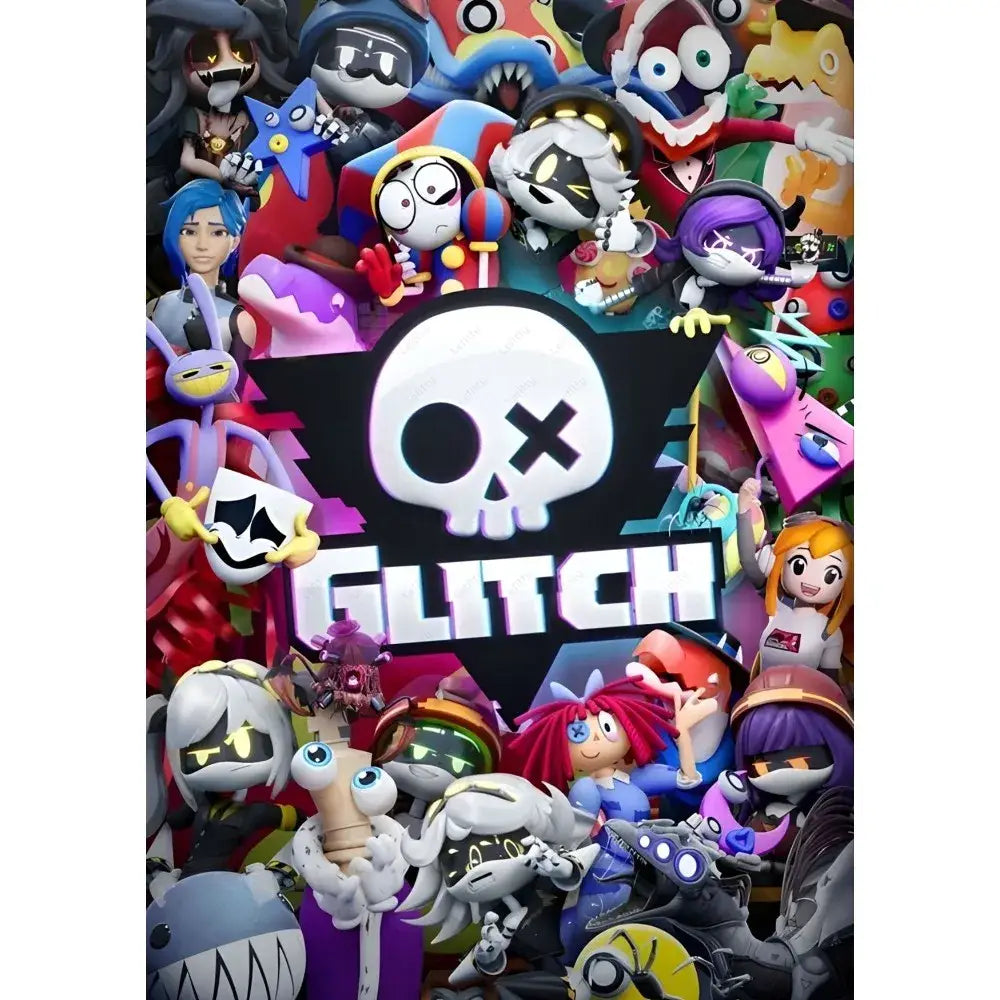 A black and white skull logo with a stylized x eye on a colorful backdrop for modern murder drones wall art poster