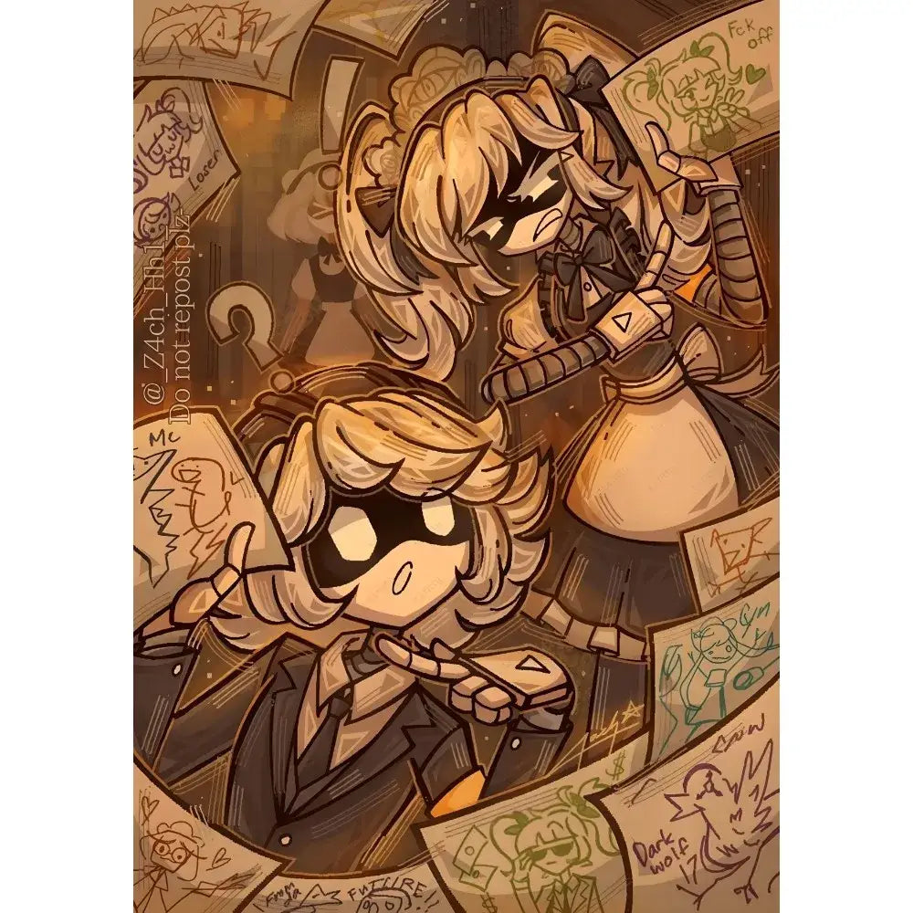 Chibi-style illustration of blonde characters with sunglasses in dark suits on a modern murder drones wall art poster