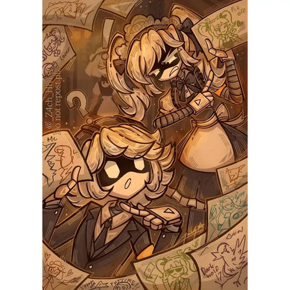 Chibi-style illustration of blonde characters with sunglasses in dark suits on a modern murder drones wall art poster