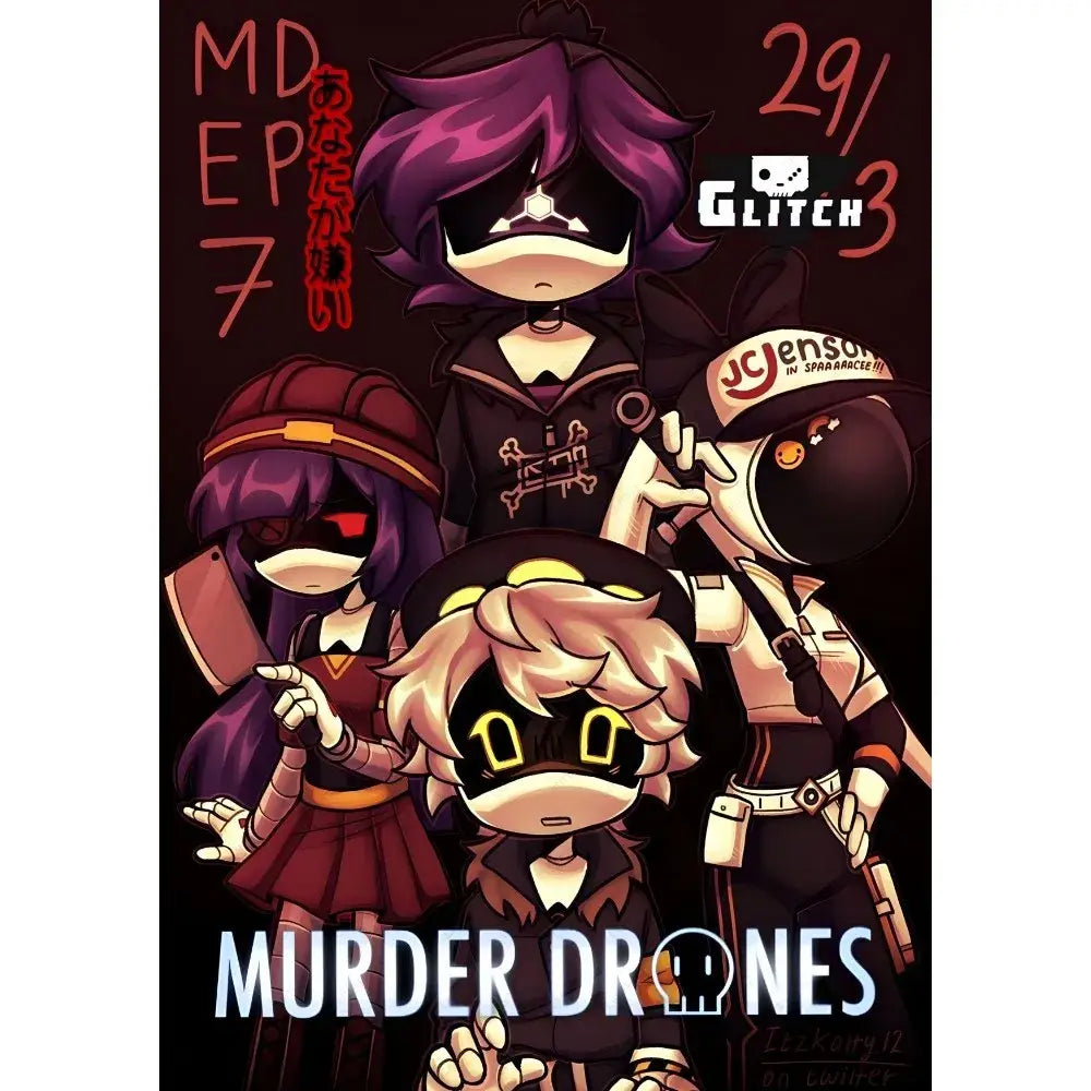Decorbites™ modern murder drones poster featuring chibi-style purple and blonde hair characters with skull motifs wall art