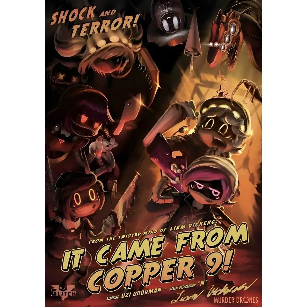 Dark stylized modern murder drones wall art poster featuring cartoonish characters and dramatic lighting for home decor