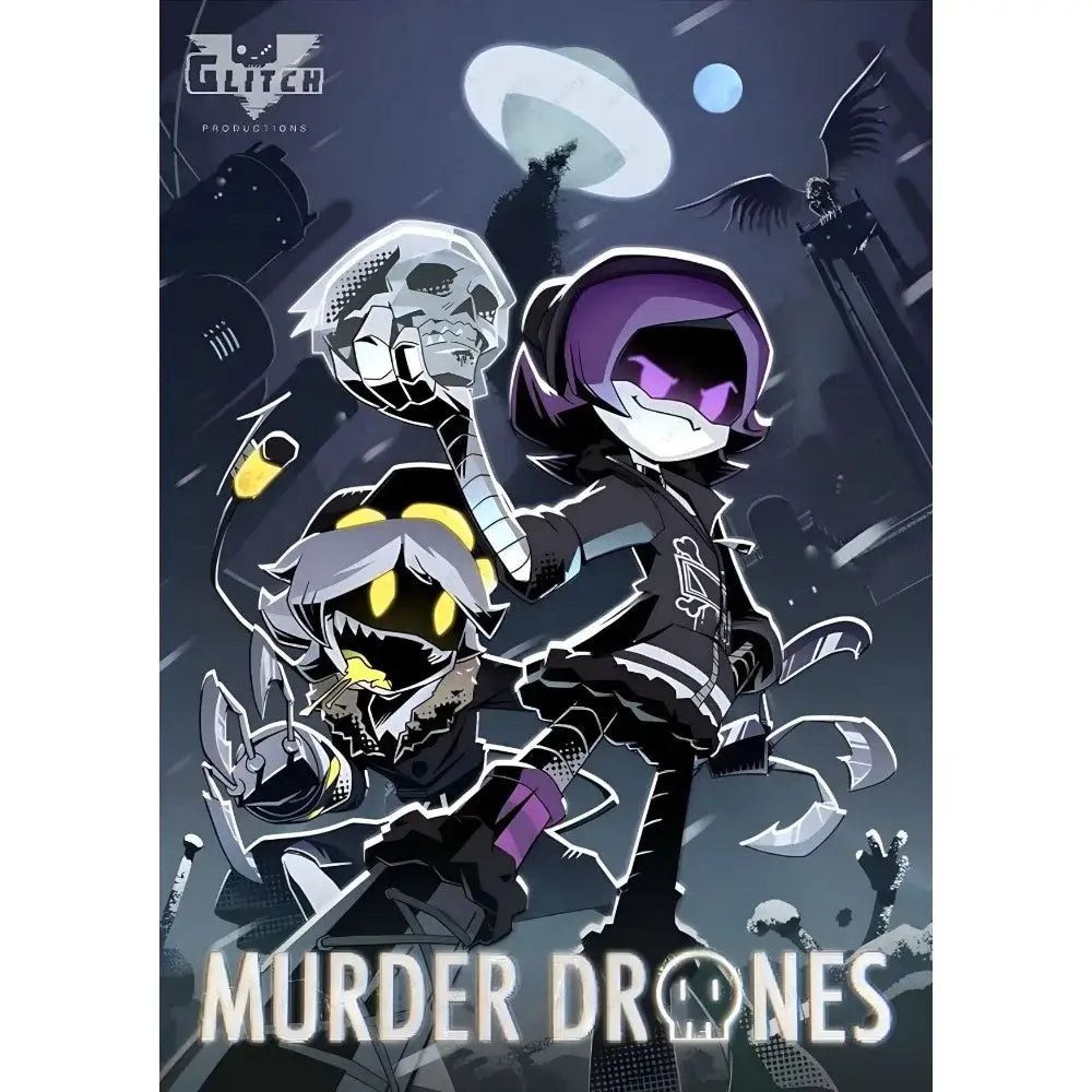 Dark-themed DecorBites™ modern murder drones poster wall art with stylized black purple yellow characters and glowing eyes