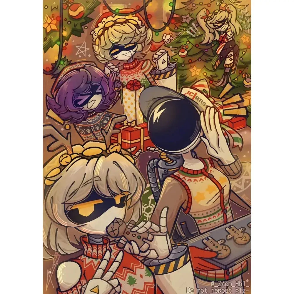 Festive modern murder drones poster wall art with cartoon characters in holiday sweaters and decorated christmas trees