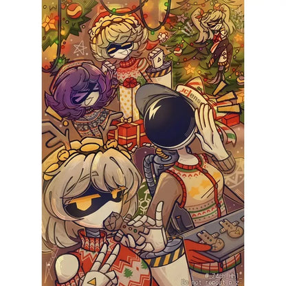 Festive modern murder drones poster wall art with cartoon characters in holiday sweaters and decorated christmas trees