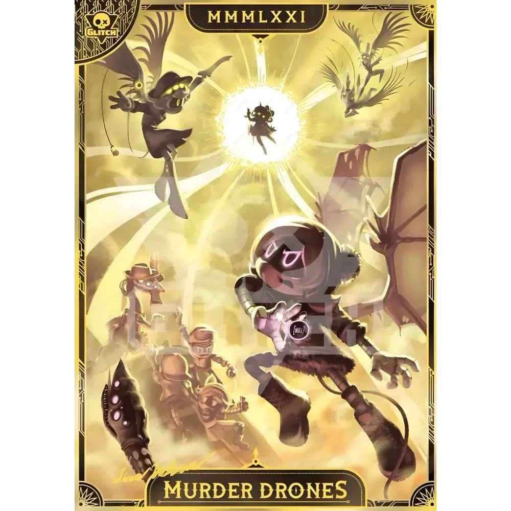 Golden-framed modern murder drones poster featuring stylized cartoon battle on radiant yellow background wall art