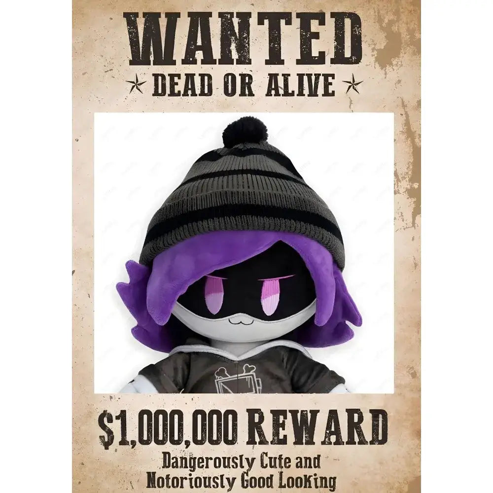 Purple-haired plush toy wearing a black and gray striped beanie featured with decorbites modern murder drones poster wall art