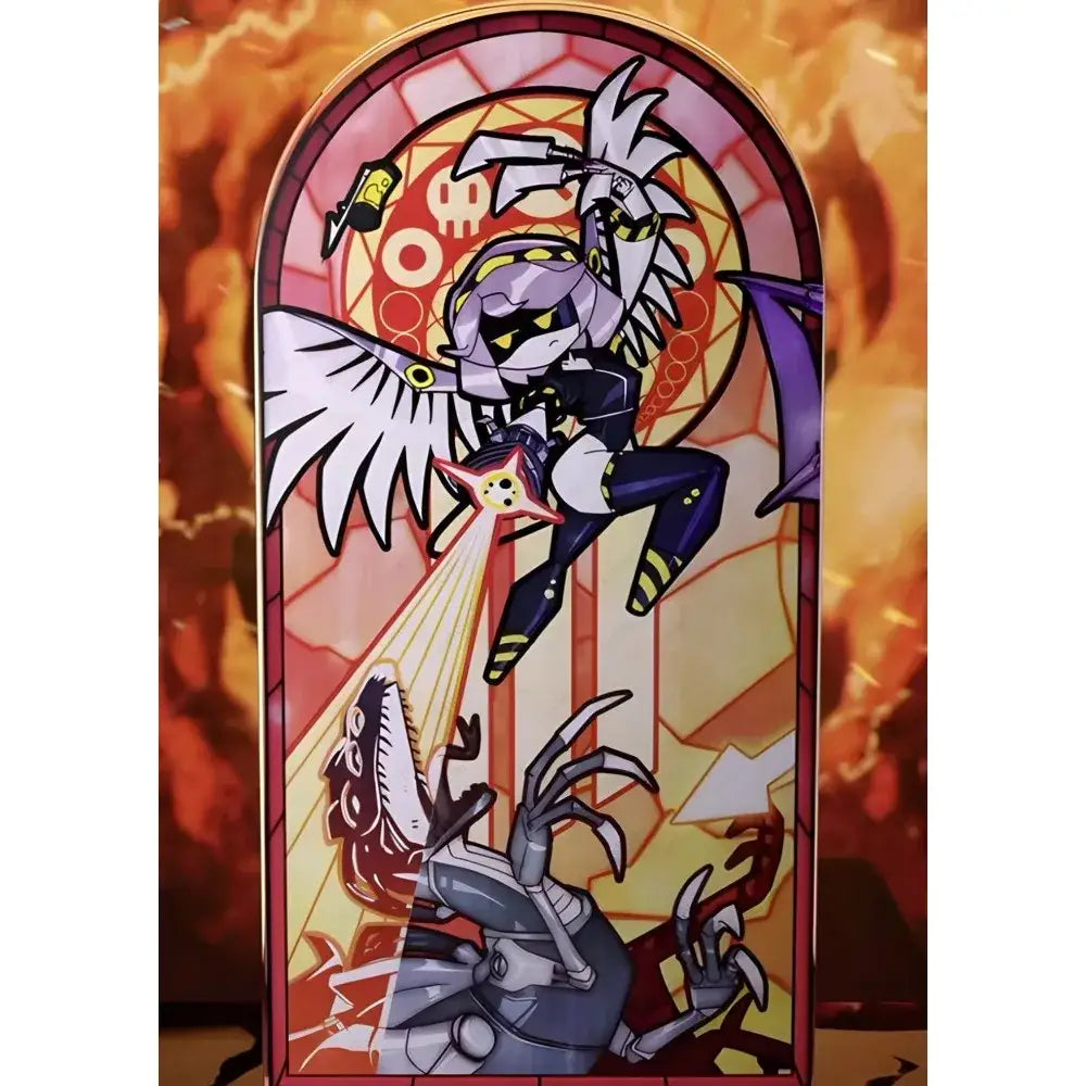 Stained-glass-style modern murder drones poster wall art featuring a winged anime character in purple armor with fiery background