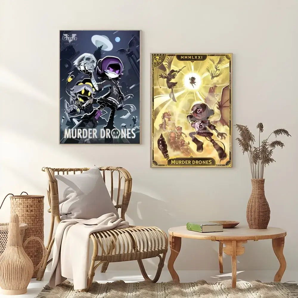 Two framed modern murder drones posters in dark blue black and golden yellow tones perfect wall art decor