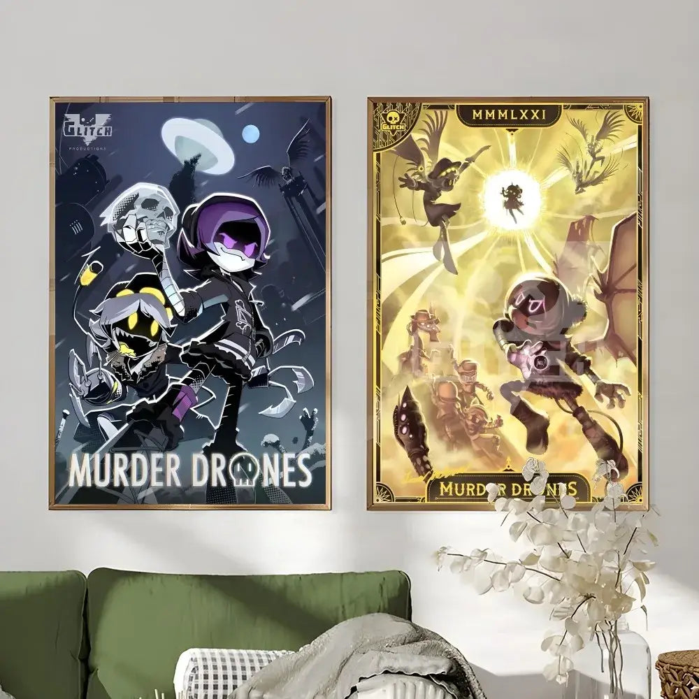 Two framed modern murder drones posters in dark blue and golden-yellow tones featuring cartoon characters for wall art