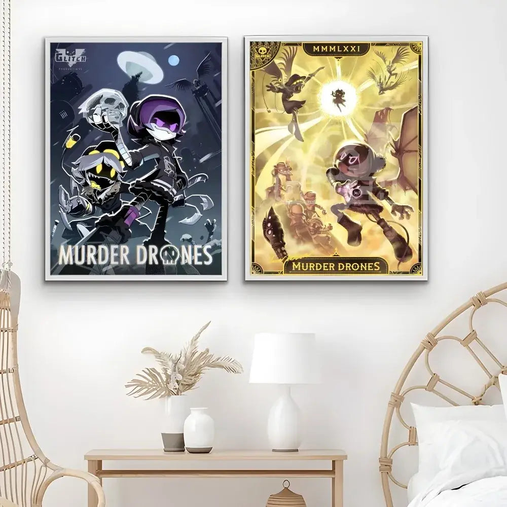 Two framed modern murder drones posters featuring skull-themed and sunburst character designs for wall art decor