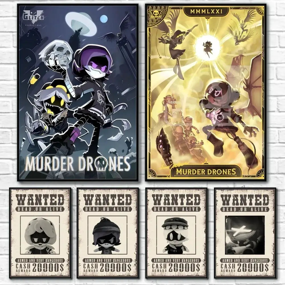 Two framed decorbites™ modern murder drones poster wall art featuring stylized cartoon characters in dark and gold tones