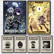 Two framed decorbites™ modern murder drones poster wall art featuring stylized cartoon characters in dark and gold tones
