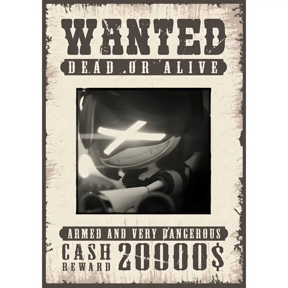 Vintage-style black and white modern murder drones poster wall art featuring a robotic character with glowing eyes