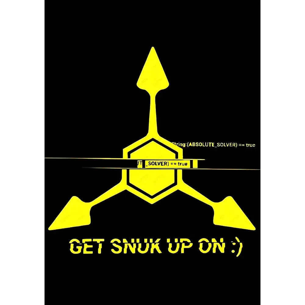 Yellow geometric logo with arrow shapes and text on black background on modern murder drones poster wall art decor
