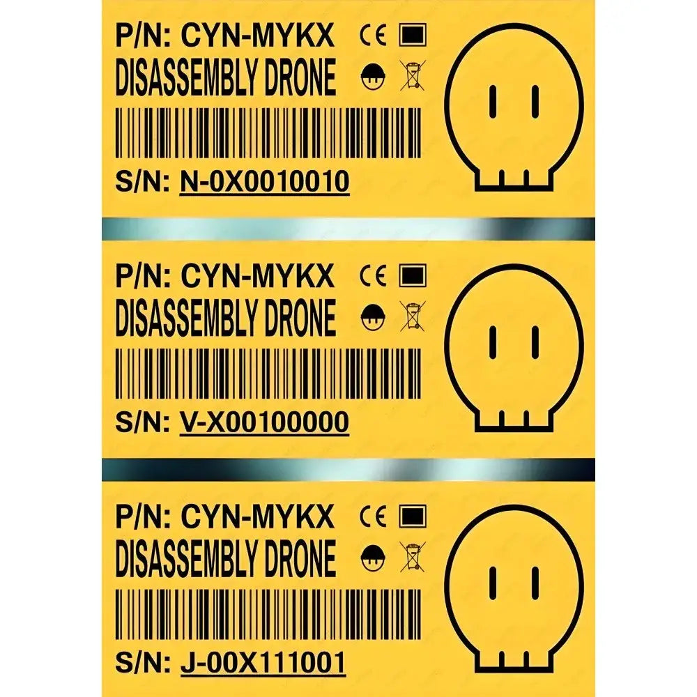 Yellow label with black text and barcode on the back of a decorbites modern murder drones poster for wall art