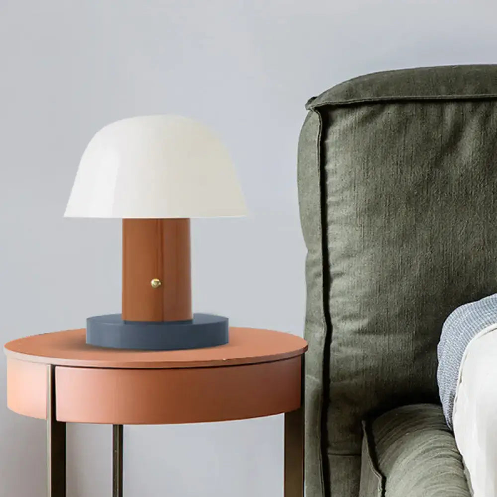 DecorBites™ modern mushroom shaped accent lamp with white glass shade, warm wood stem, navy base, and designer metal details