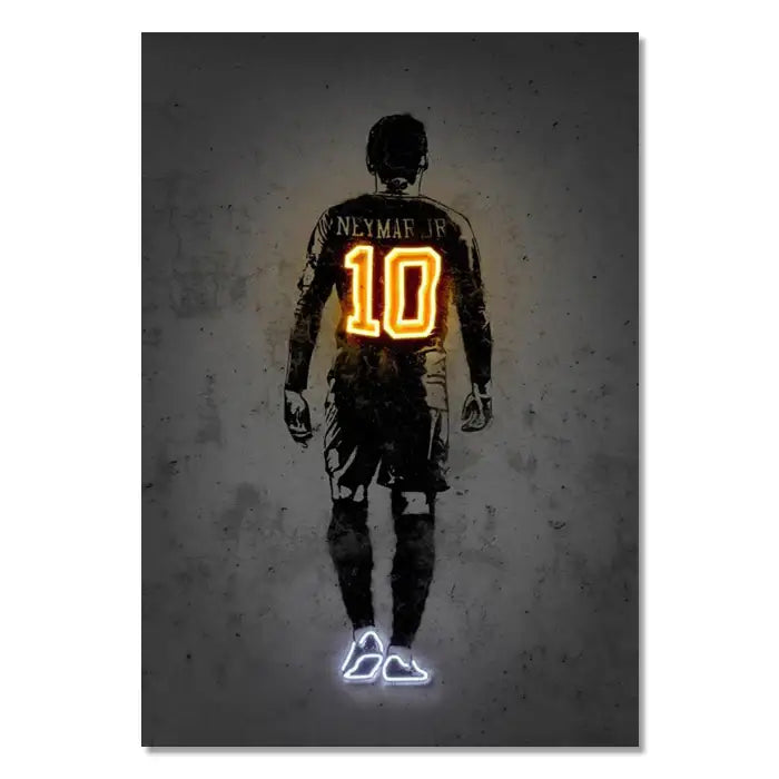 A stylized neon-lit wall art poster featuring a silhouette of Neymar Jr by DecorBites™ modern sports star print