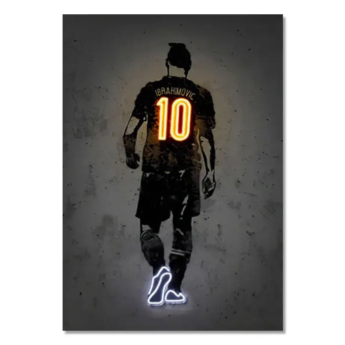 Decorbites modern neon sports star wall art poster featuring ibrahimovic in dark jersey with orange and blue neon accents