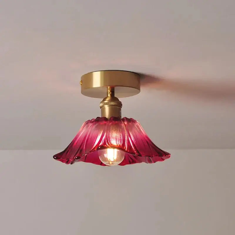 Decorbites modern nordic ceiling lights featuring a delicate pink glass ruffled lampshade with brass fixture and e27 bulb