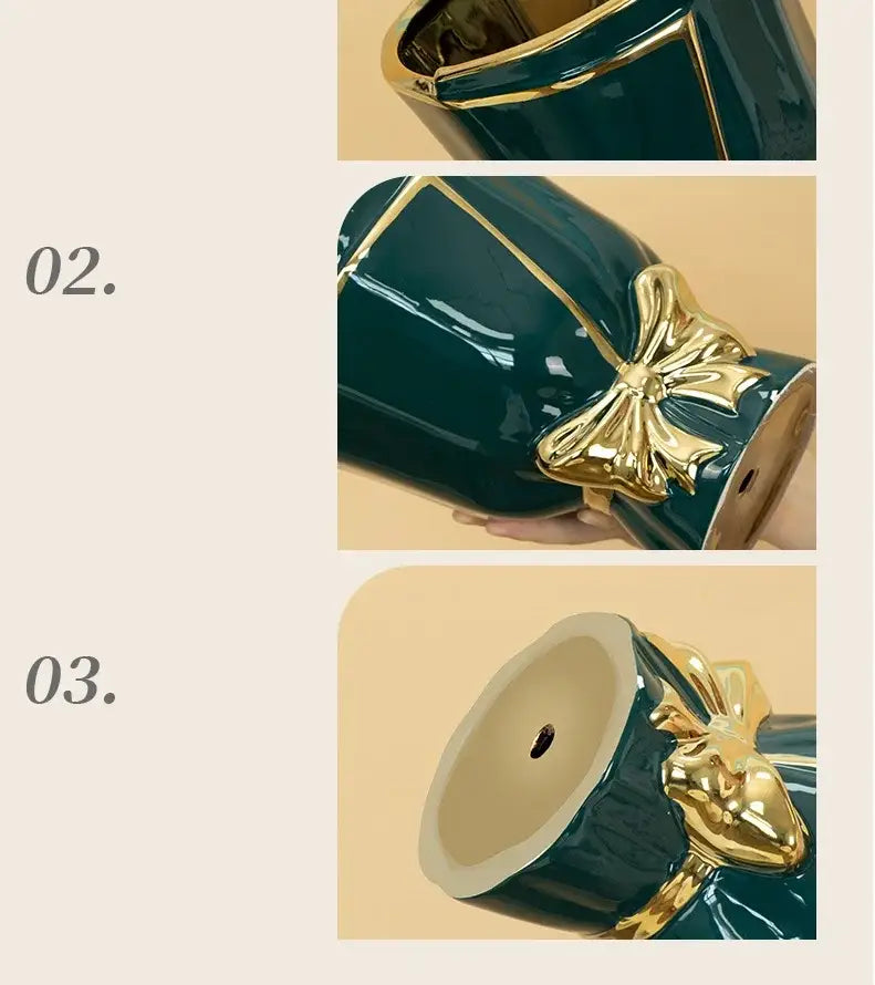 Deep teal ceramic vase with glossy finish and gold-trimmed edges featuring ornate bow for modern nordic home decor
