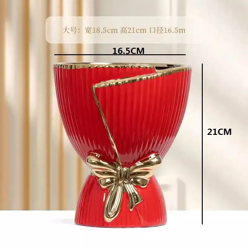 Red ceramic vase with gold trim and decorative bow modern nordic home decor from decorbites tulip collection