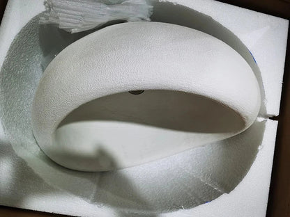 White plush-textured headband in protective foam packaging for modern nordic chandelier with warm light turn feature