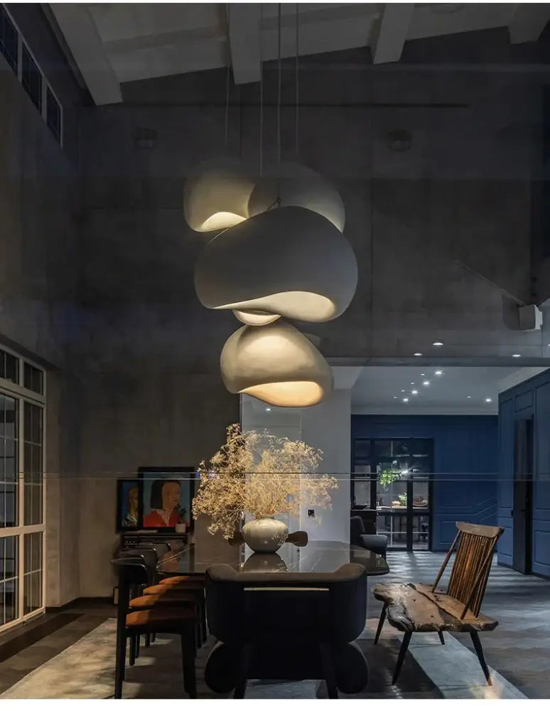 DecorBites modern nordic chandelier with matte white ceramic layered cloud-like shades emits warm light for home and dining